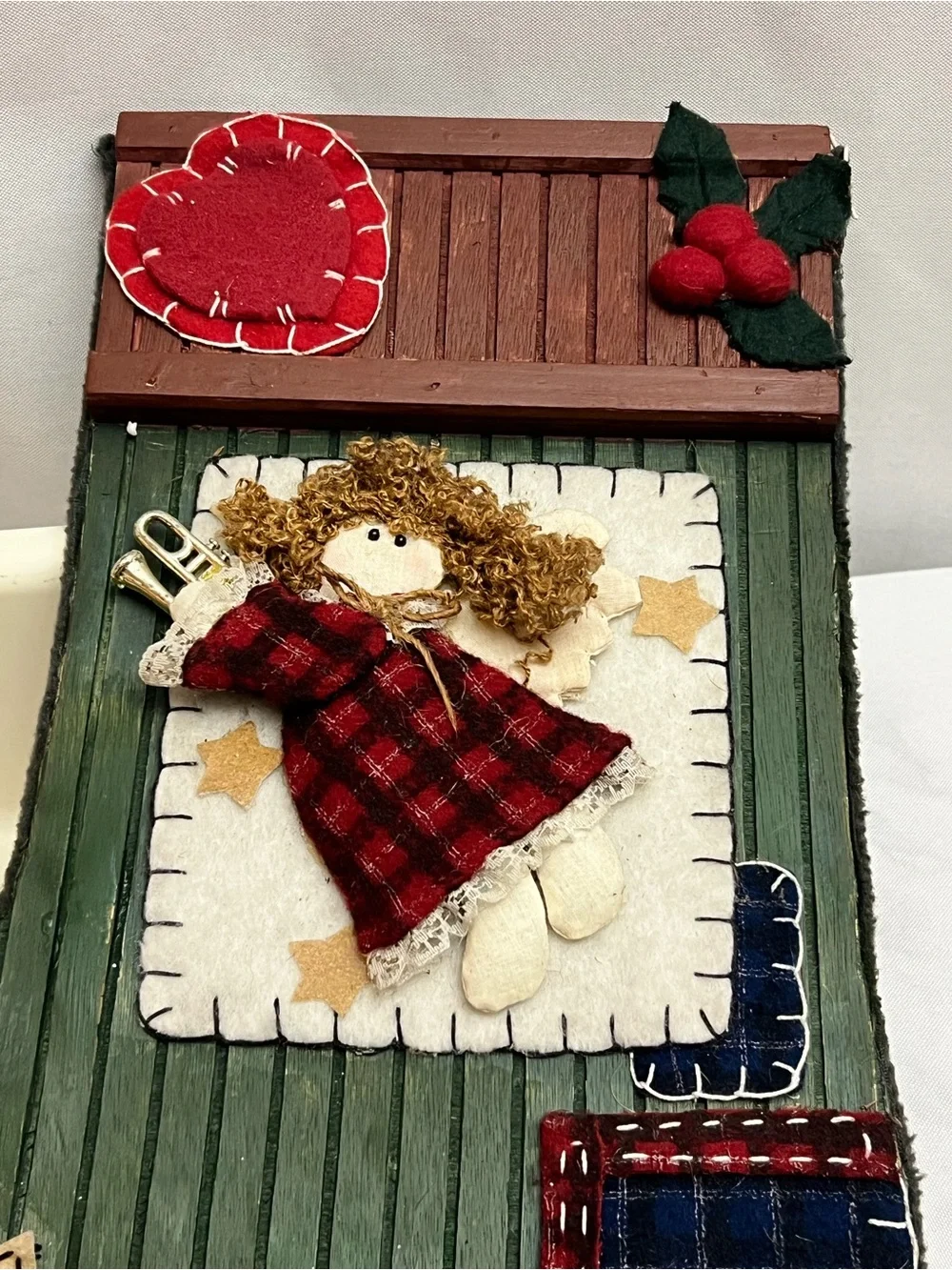 Handmade Rustic Christmas Angel Stocking Wall Hanging Felt Wood Primitive Decor